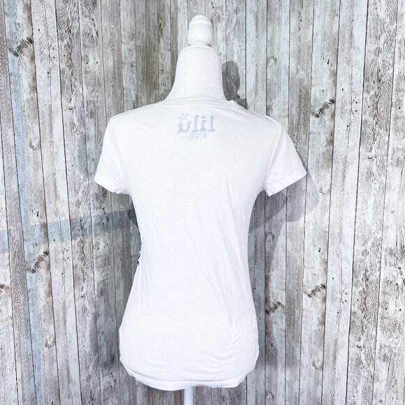 Lilu Short Sleeve Graphic Tee | White | V-Neck | Small | Women's | Peace Sign - Picture 4 of 8